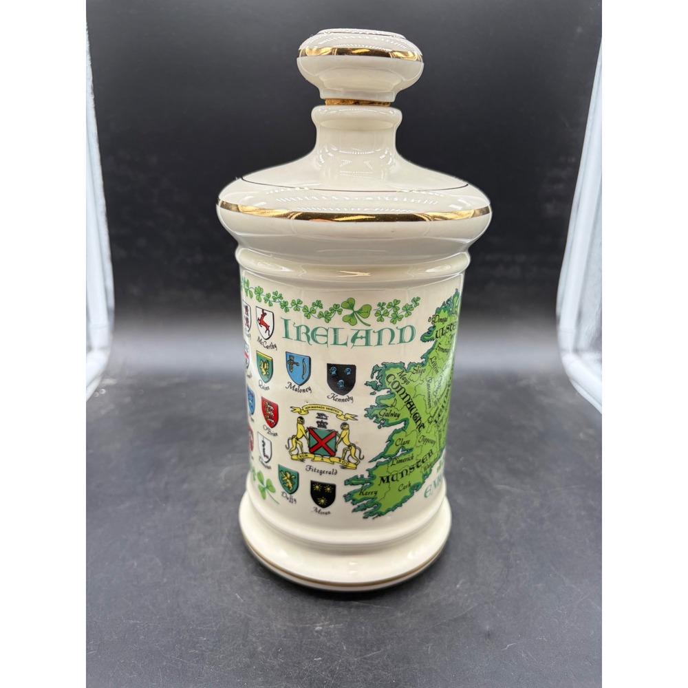 Vintage Ireland The Emerald Isle Ceramic Jar Family Crests Map Gold Trim Lid